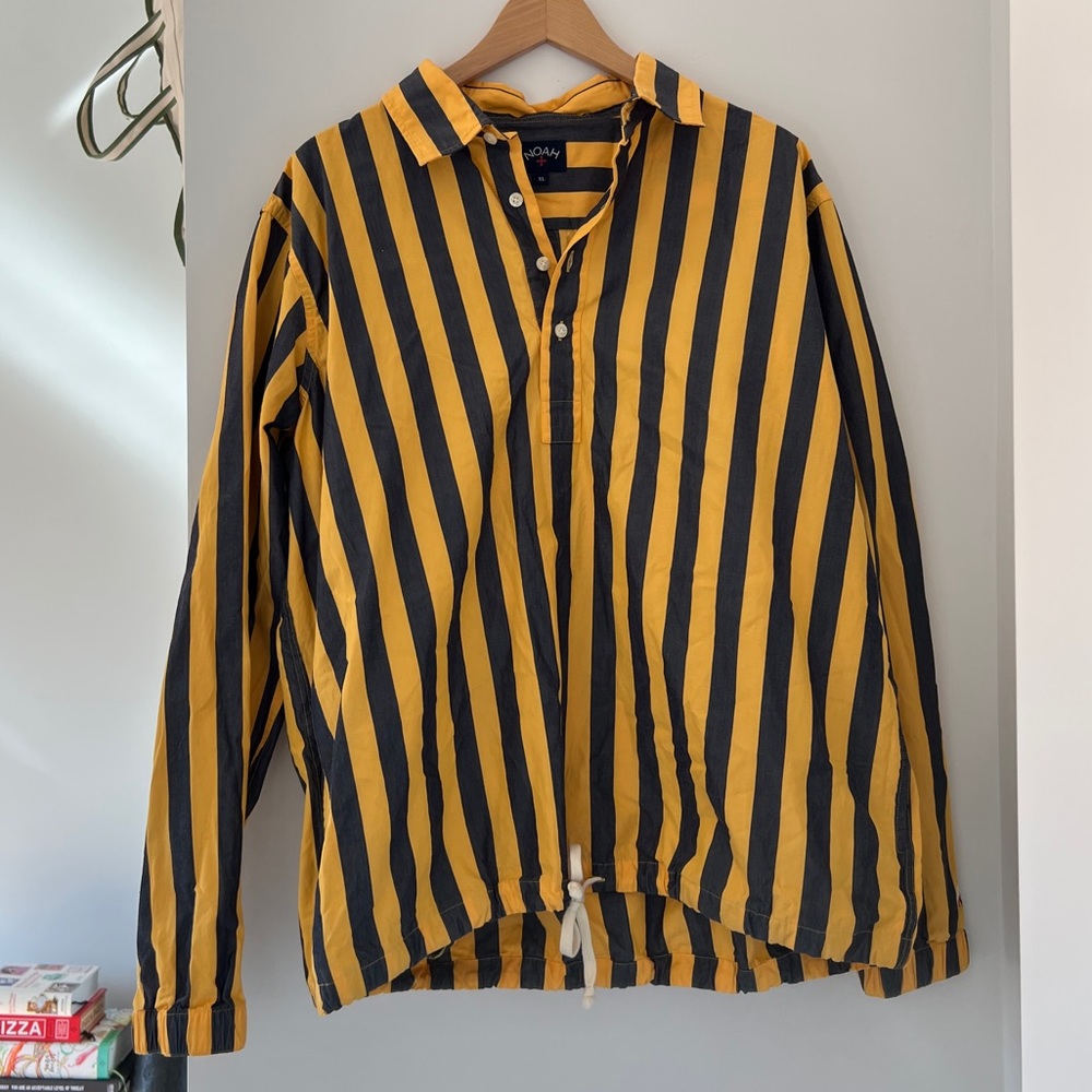NOAH Navy Yellow Striped Collared Overshirt